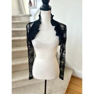 Vintage Y2K Black Lace Ruffle Long Sleeve Crop Shrug Gothic Whimsygoth Romantic
